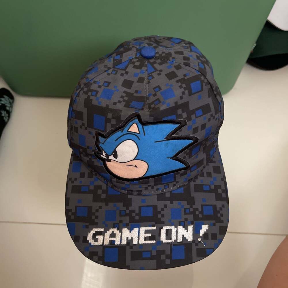 Sonic the Hedgehog 'Game On!' Flat Brim Baseball Cap Hat, Blue/Grey Pixel